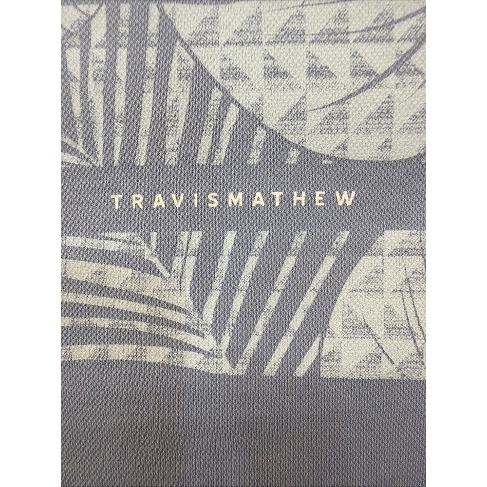 Travis Mathew Blue Golf Polo Shirt Mens Large  Flowers And Palms On‎ Stripe - Picture 2 of 9